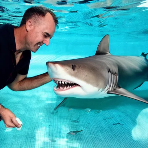 Image similar to a man feeding a shark in a pool