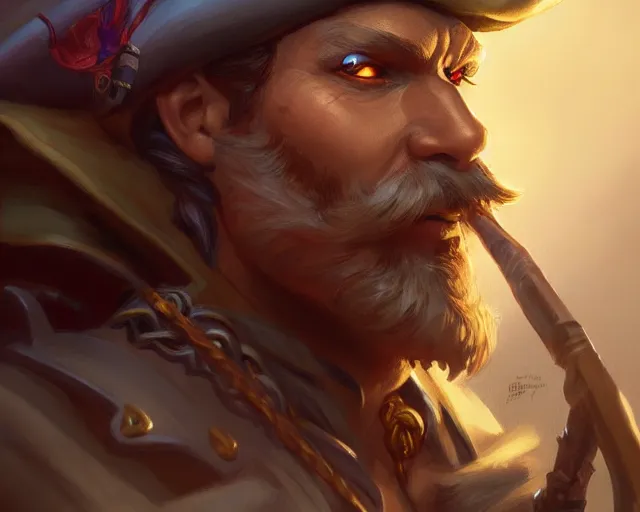 Image similar to captain pirate man high detail, deep focus, d & d, fantasy, intricate, elegant, highly detailed, digital painting, artstation, concept art, matte, sharp focus, illustration, hearthstone, art by artgerm and greg rutkowski and alphonse mucha