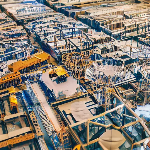 Prompt: crane shot of large group people in open warehouse, looking at hologram of futuristic city on a table, cinematic still, godrays, golden hour, natural sunlight, 4 k, clear details, tabletop model buildings, tabletop model, ethereal hologram center, crane shot, crane shot, rule of thirds