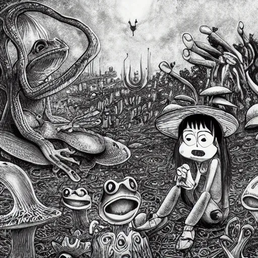 Image similar to A centered chest up portrait of a psychedelic demonic anthropomorphic frog smoking a hand-rolled cigarette smoking heavily , magic mushroom village in background . award winning. superb resolution. in the art style of junji Ito and greg rutkowski . Detailed Mushroom city in background. Hyper realistic anime. Perfect art. Dalle2