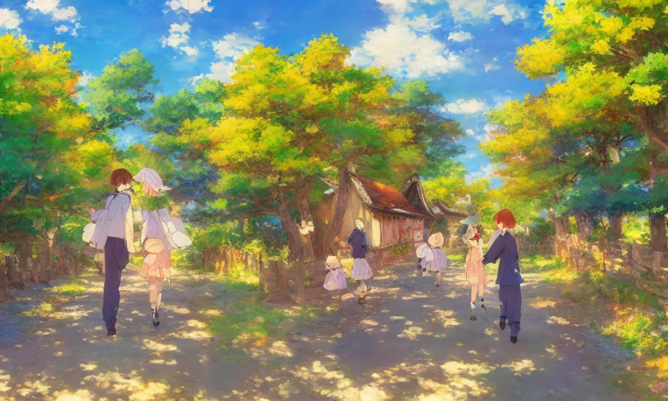 Image similar to impressionist painting of happiness and friendship, rural landscape, kyoto animation, wide shot, dynamic lighting, vivid colors, high detail, award winning