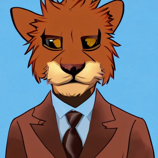 Image similar to a cartoon drawing of main character portrait anthro anthropomorphic mountain lion head animal person fursona wearing suit and tie furry 2 d masterpiece commission art solid background