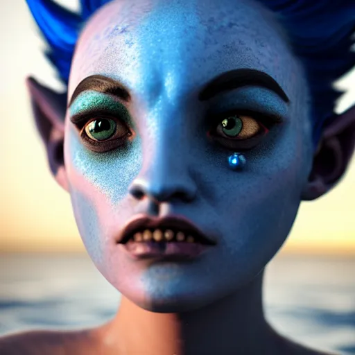 Image similar to a dnd Triton girl with blue skin and messy black hair, a little blue-skinned girl with messy black hair sharp pointed ears freckles along the ridges of her cheeks, dnd triton, high resolution film still, 4k, HDR colors