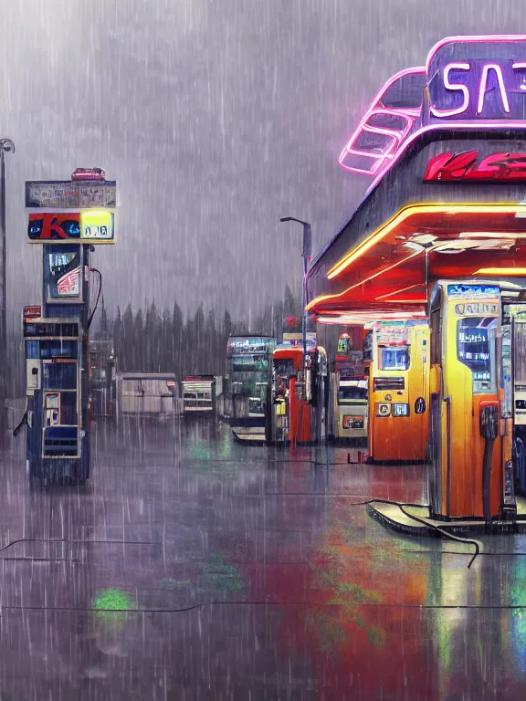 Image similar to photo of 8k ultra realistic gas station, neon, heavy rain, full of colour, cinematic lighting, battered, trending on artstation, 4k, hyperrealistic, focused, extreme details,unreal engine 5, cinematic, masterpiece, art by ayami kojima, giger