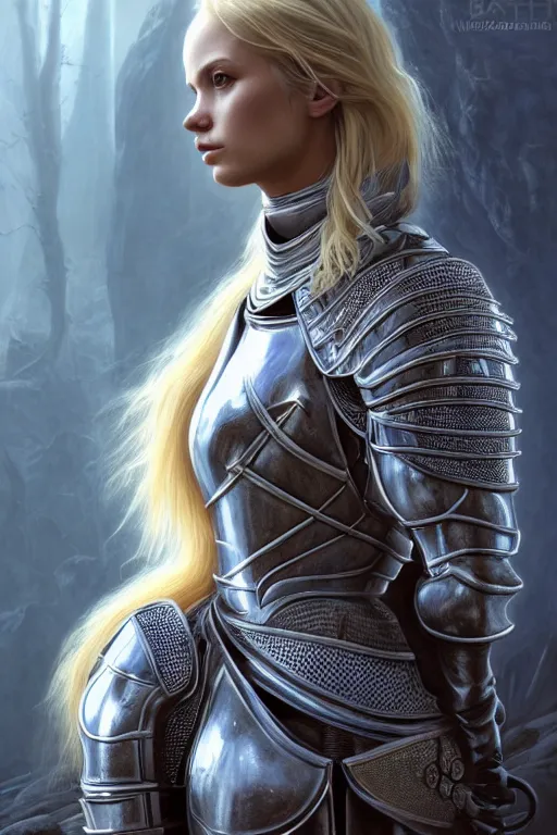 Image similar to female knight in the wild nature, dressed, blonde hair, symmetry, sci - fi, dark fantasy, perfect light and composition, 4 k, ultra hd, sense of awe, highly detailed, realistic, intricate, created by wayne barlowe