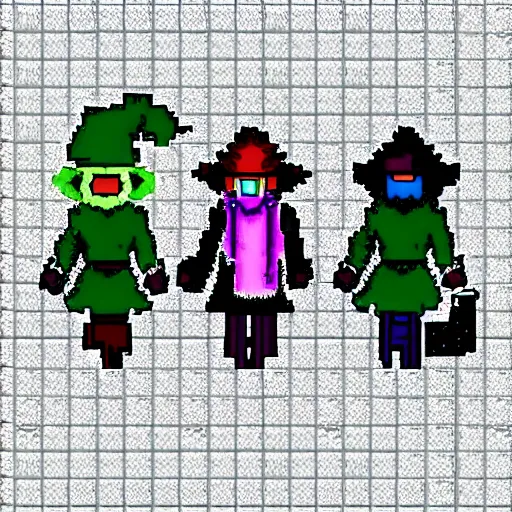 Image similar to ralsei, kris and susie from deltarune walking friendly village in winter, pixel art, 8 bit