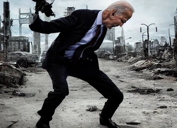 Prompt: biden dancing, heroic shot, post apocalyptic, cyber - punk, wide shot