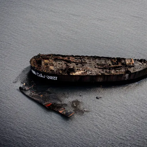 Image similar to airborne view, crashed cargo ship leaking mysterious black slime, black gooey liquid leaking out of crashed cargo ship, apocalyptic, ruined, container ship, crashed, 8 5 mm f / 1. 4