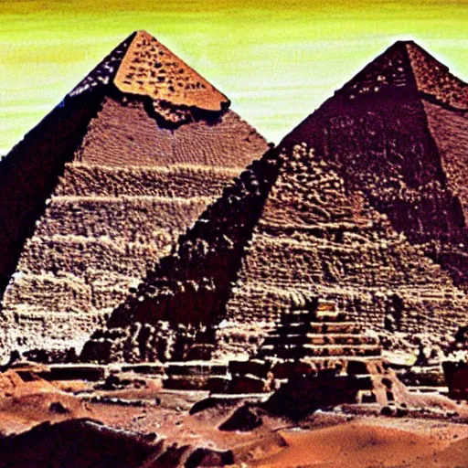 Prompt: aliens building the pyramids, old painting
