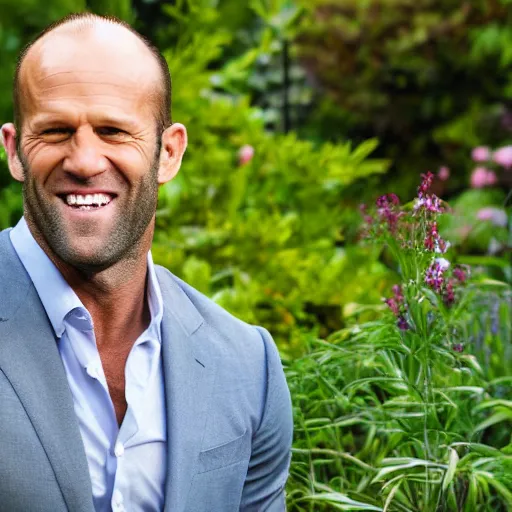 Image similar to professional photograph of Jason Statham smiling in a garden