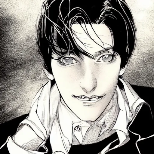 Prompt: portrait of very handsome young wizard with dark hair and white blouse, art by yoshitaka amano, art by adam hughes