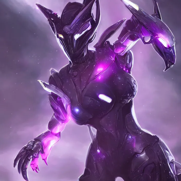 Image similar to cinematic close shot, cosmic sized proportional stunning beautiful hot female warframe, detailed sleek robot mecha female dragon head, metal ears glowing purple eyes, sleek silver armor, fuschia skin, floating in empty space, nebula sized, epic proportions, epic size, epic scale, furry art, dragon art, giantess art, warframe fanart, furaffinity, deviantart