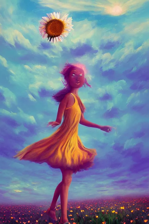 Image similar to giant daisy flower as head, girl dancing in a flower field, surreal photography, sunrise, dramatic light, impressionist painting, colorful clouds, digital painting, artstation, simon stalenhag