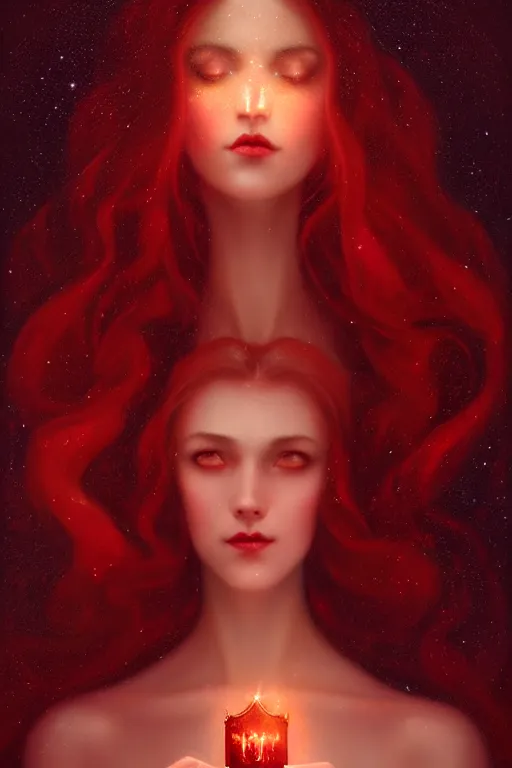 Image similar to Nocturne, glowing, stars, a long-legged elegant evil woman, highly detailed, mysterious, ethereal, dressed in red velvet, haute couture, illustration, dramatic lighting, soft details, painting, by Edmund Blair Leighton, Brom, Charlie Bowater, trending on artstation, faces by Tom Bagshaw, otto schmidt