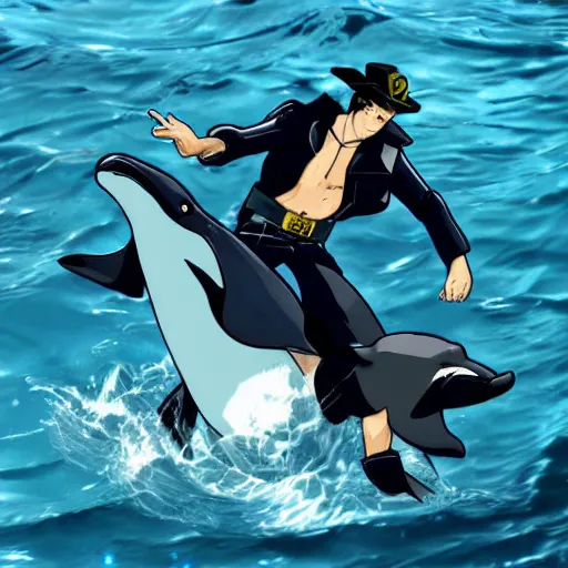 Image similar to Jotaro Kujo riding a dolphin