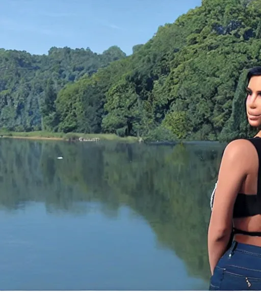 Image similar to rear shot film still of kim kardashian wearing high waist jeans, standing by a lake, intricate, elegant, highly detailed, smooth, sharp focus.