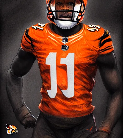 Image similar to highly detailed portrait of ja'marr chase cincinnati bengals football, orange & black uniform with # 1 printed, unreal engine, fantasy art by greg rutkowski, loish, rhads, ferdinand knab, makoto shinkai and lois van baarle, ilya kuvshinov, rossdraws, tom bagshaw, global illumination, radiant light, detailed and intricate environment