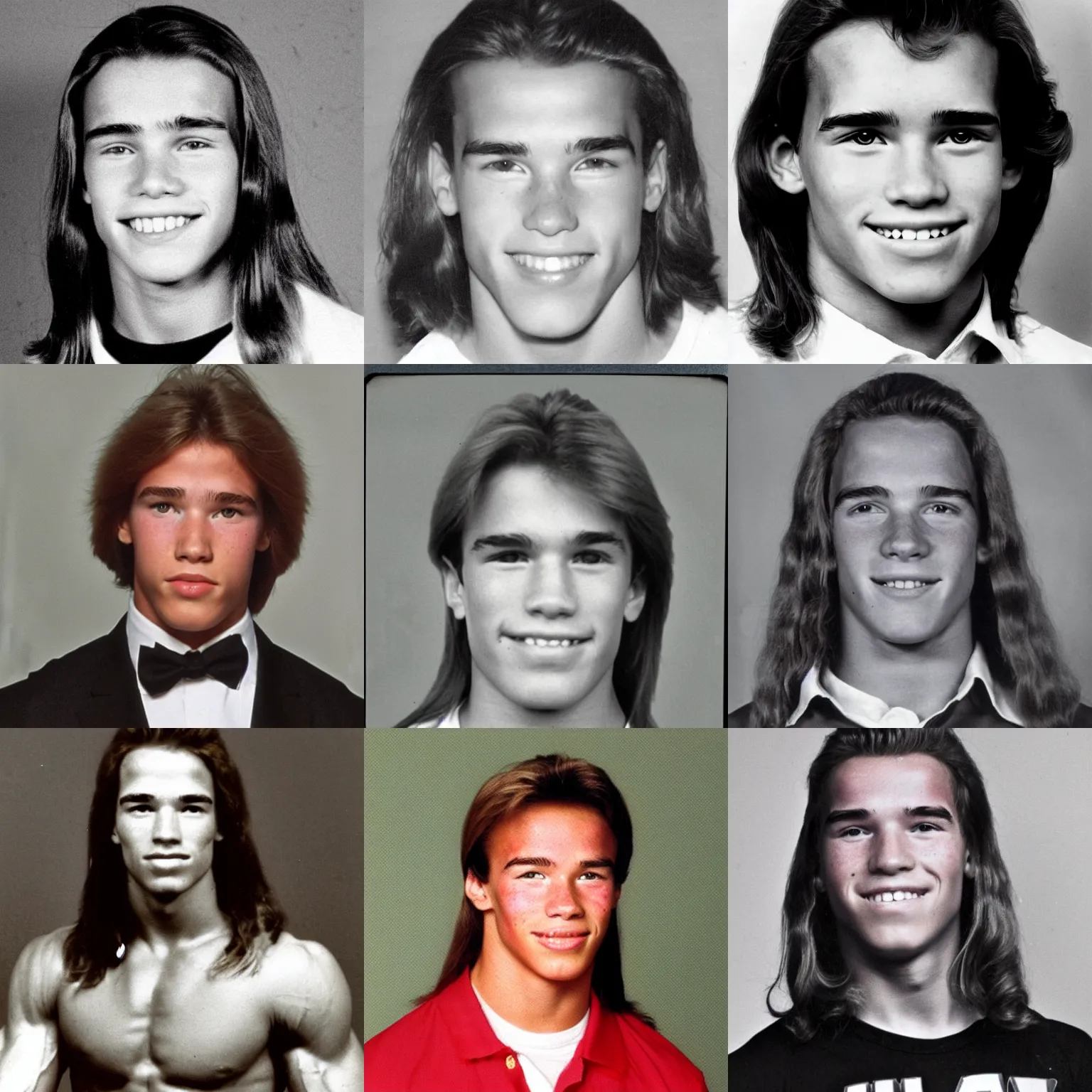 Prompt: teenage arnold schwarzenegger with long hair awkward yearbook photo
