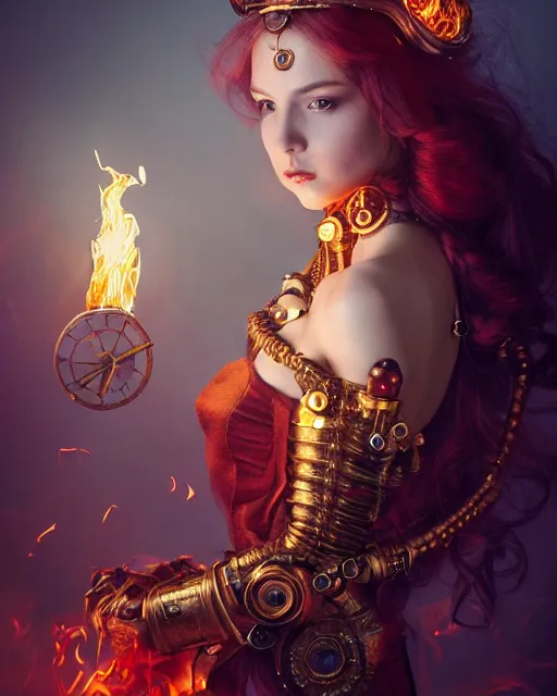 Image similar to a beautiful image of a young woman, steampunk Chandra queen of fire, big googles over her head, long flowing hair glowing with fire, steampunk costume mostly red and gold young female face, cinematic top lighting, insanely detailed and intricate, face by wlop, Charlie Bowater, golden ratio, symmetric, elegant, ornate, luxury, elite, matte painting, cinematic, trending on artstation, deviantart and cgsociety, 8k, high resolution