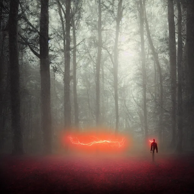 Image similar to A photograph of a unreal Monster, centred on the image, inspired by Stranger Things, in a forest, at night, red stormy sky, red lightning, horror, in a parallel dimension, realistic image, octane render, unreal engine 5, photograph by Joshua Hoffine, stunning photography, trending on artstation,