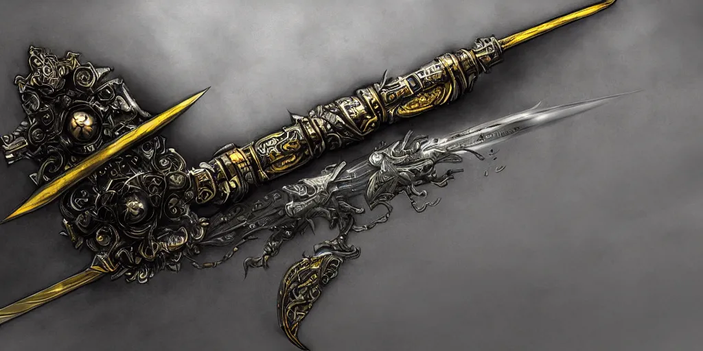 Image similar to legendary cybernetic full long sharp sword lying flat on a glowing table with a black and iridescent sword blade, digital award winning hd matte painting, intimate dark moody, intricate, ornate spikes, colorful gems on hilt, detailed realistic raytraced blade, future golden technological pommel, in the style of krenz cushart, deviantart