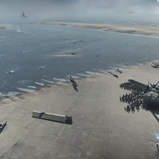Prompt: birds eye cinematic view normandy landing in the style of call of duty