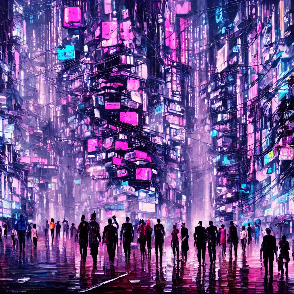 Prompt: oil painting of an overpopulated, busy, dark cyberpunk metropolis, fuchsia and blue, people walking in the streets packed like sardines, smog, tv screens, drones, flying cars, hoverboards, tokyo inspired, textured