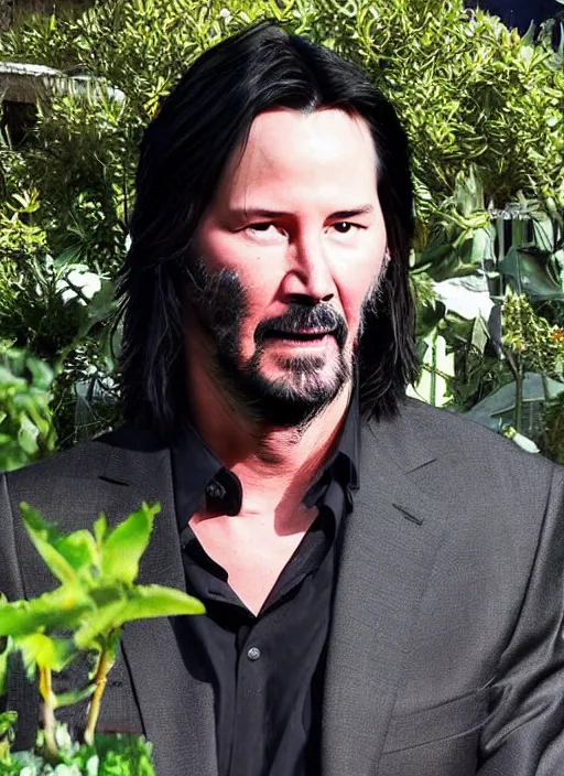 Image similar to keanu reeves as johnny silverhand working in a garden, wake up samurai, solarpunk, lots of plants, gardening, permaculture, cyberpunk 2 0 7 7, anarchy, realistic, ultra detailed