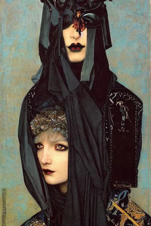 Prompt: portrait of a goth shaman with the head of a raven, by Annie Swynnerton and Nicholas Roerich and John Bauer and John William Godward and Donato Giancola and Vermeer, black leather and embroidered velvet, iridescent beetles, rich color, dramatic cinematic lighting, featured on Artstation, extremely detailed