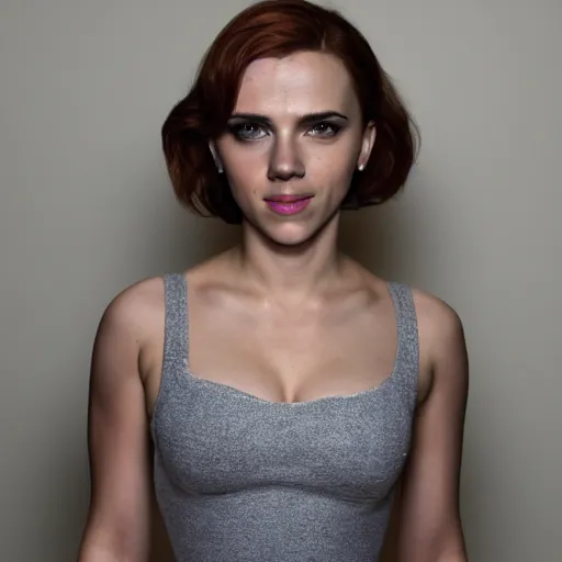 Image similar to a woman who is a genetic combination of scarlett johansson and emma watson face and upper - body focus