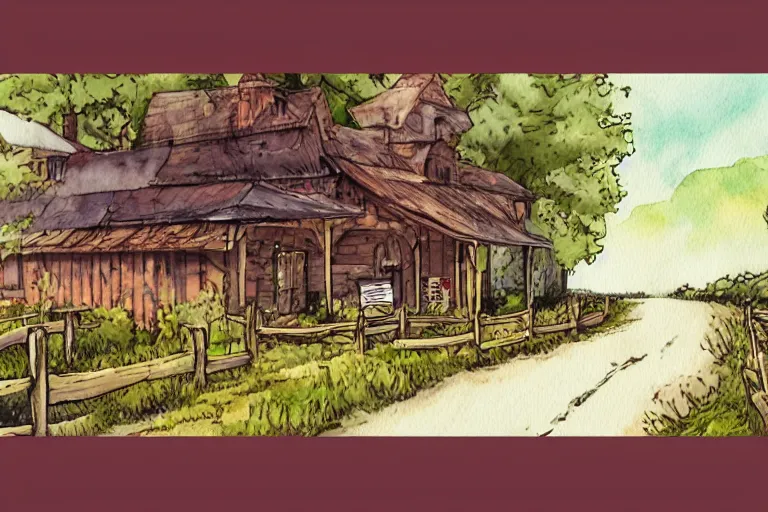 Image similar to country road store goose watercolor pen trending on artstation