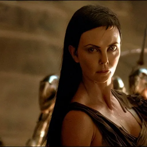 Prompt: black haired charlize theron as the greek goddess athena in battle, scene from live action movie