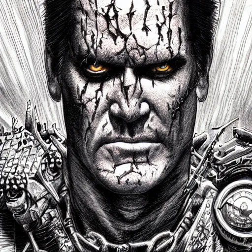 Prompt: bruce campbell is al simmons in spawn, crosshatch, pencil art, backlight, insanely detailed and intricate, hypermaximalist, elegant, ornate, hyper realistic, super detailed