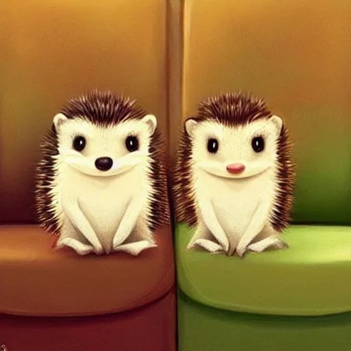 Image similar to two cute adorable hedgehogs, sitting together on a couch, romantic, shy hedgehog, blushing, waving, smiling, cute, hedgehog, by cyril rolando