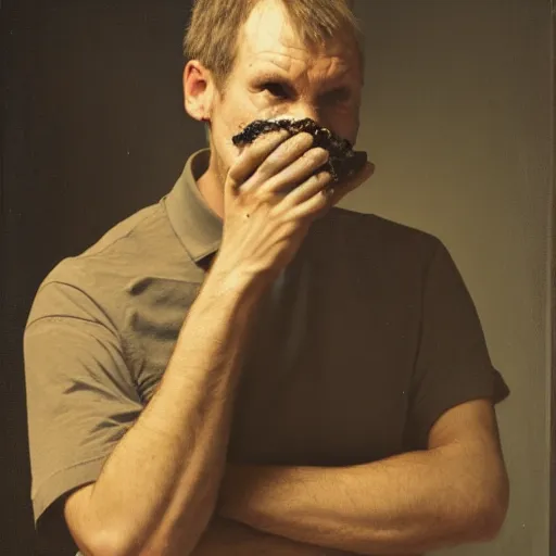 Image similar to portrait of an uncomfortable looking man with his arm in his mouth up yo the elbow