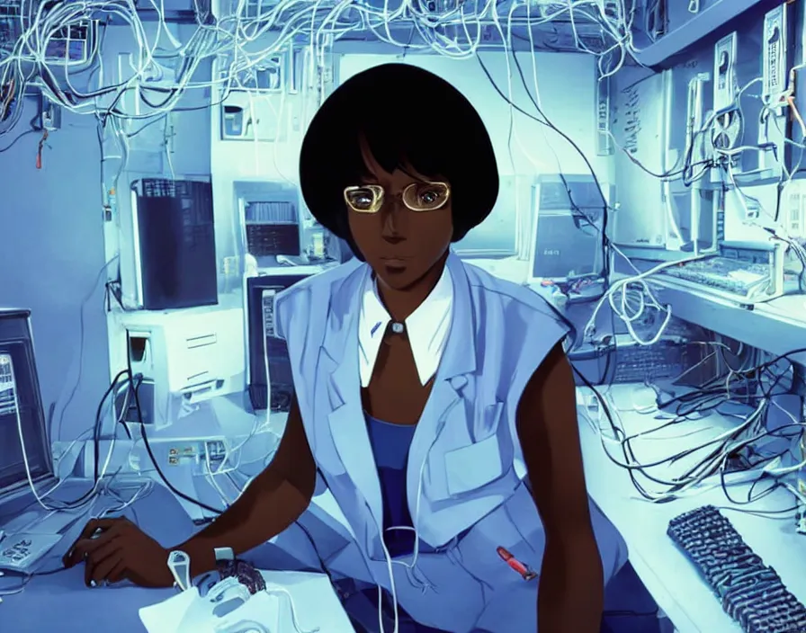 Prompt: dark skin woman wearing a white lab coat with a blue haircut, connected to wires, surrounded by 1 9 8 0 s computers, in the style of serial experiments lain and 9 0 s anime, dynamic lighting, dark ambience, cell - shaded, detailed face, retro tech