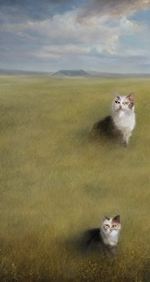 Image similar to a transparent!!! ghostly cat in the steppe, summer field, misty background, from the game pathologic 2, highly detailed, sharp focus, matte painting, by isaac levitan and asher brown durand,