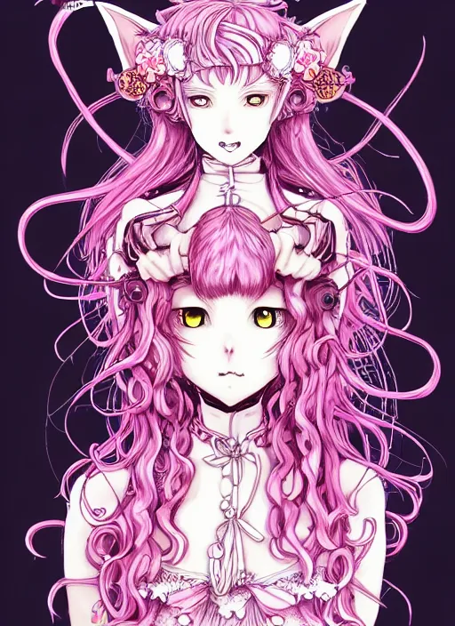 Prompt: dark fantastic manga character design of beautiful cat girl witch with a robot, pink curls hair, rococo dress, symmetrical face, cute, fairy, by mai yoneyama, takeshi obata, katsuhiro otomo, detailed background, illustration, artstation, concept art, highly detailed, colorful, maximalist
