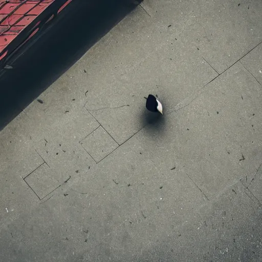 Image similar to A duck staring at a homeless person, cinematic, professional photography, taken from above