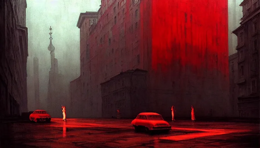 Prompt: only with red, soviet communism horror city apocalyptic atmosphere with soviet flag, in the style of beksinski, by edward hopper and rodcenko and yue minjun and cory loftis, intricate and epic composition, red by caravaggio, highly detailed, masterpiece, red light, artstation, art nouveau