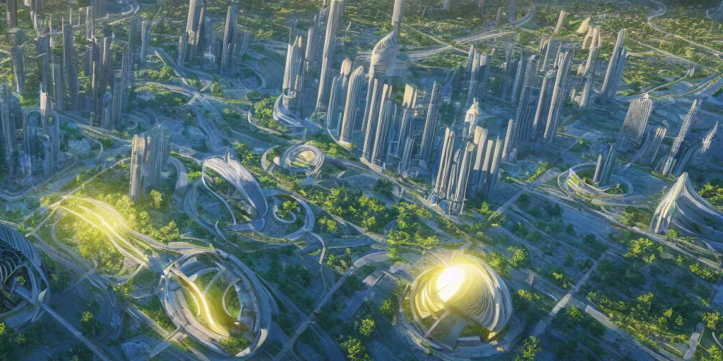 prompthunt: Sunrise over solarpunk city, vines, many trees and plants,  futuristic flying vehicles and drones, archdaily, architectural digest,  busy streets filled with people, sun rays, colorful blooming flowers,  vertical gardens, utopia, beautiful