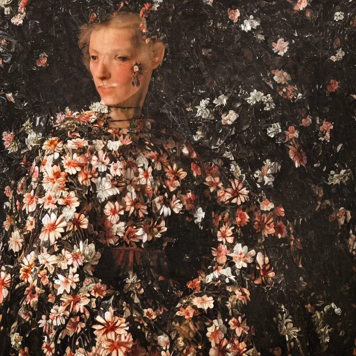 Image similar to a closeup portrait of a woman wearing a cloak made of plastic and mud, in an infinite landscape of flowers, photograph by caravaggio, canon eos c 3 0 0, ƒ 1. 8, 3 5 mm, 8 k, medium - format print