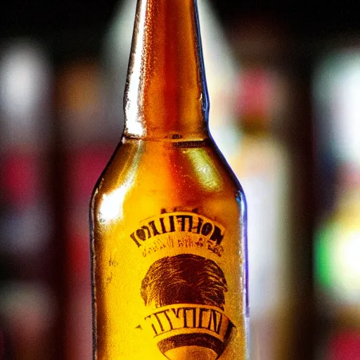 Image similar to a beer bottle with a reflection of mike tyson's face on it.