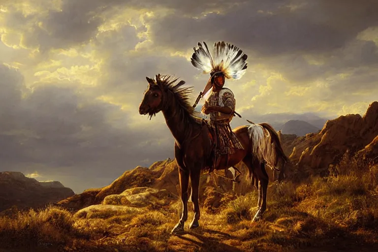 Image similar to a full length extremely detailed masterpiece painting of one rugged warrior american native ute with a feather in his head - ban sitting on his painted war horse surveying a rugged utah mountains, in the style of charles marion russell, insanely detailed, extremely moody lighting, glowing light and shadow, atmospheric