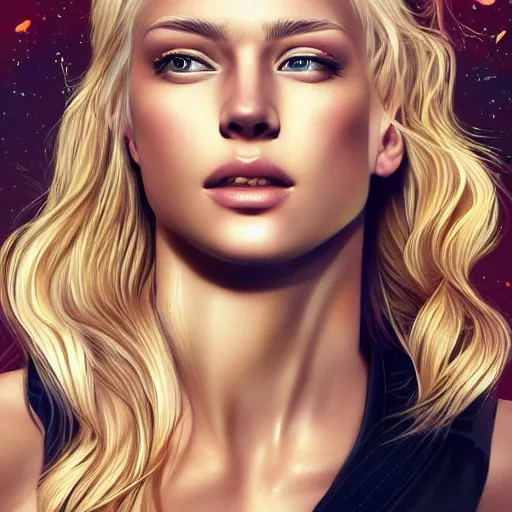 Image similar to a very beautiful blonde woman with her head leaning backwards, god ray across her face, eyes closed, front shot, close - up, hyper detailed, high contrast, bokeh background, realistic, digital art by magali villeneuve and artgerm, sharp focus 4 k