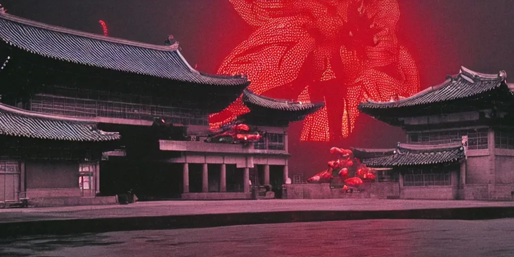 Prompt: light coming out of one bull - like kaiju starfish monster, korean film noir, korean traditional palace, pyongyang city, 1 9 6 0 s, red color bleed, 4 k, video compression, video glitch, monochrome, akira kurosawa, mamoru oshii, wes anderson, stanley kubrick