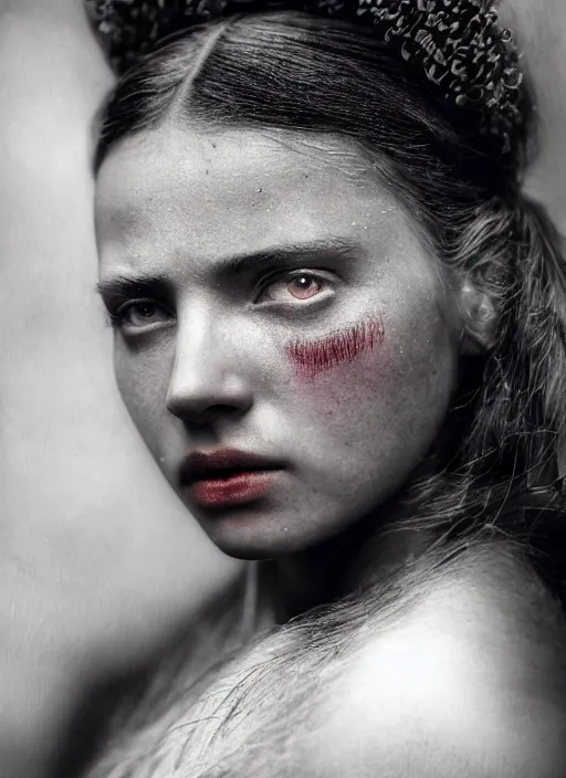 Prompt: 1 9 0 0 s, close up portrait of black eye beauty girl, depth of field, zeiss lens, detailed, symmetrical, centered, fashion photo shoot, by annie leibovitz and steve mccurry, david lazar, jimmy nelsson, breathtaking, 8 k resolution, extremely detailed, beautiful shot, artistic, hyperrealistic, beautiful face, octane render