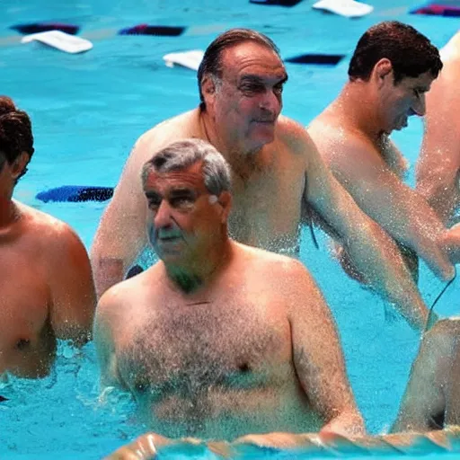 Image similar to florentino perez, laporta and tebas swimming in a pool full of money