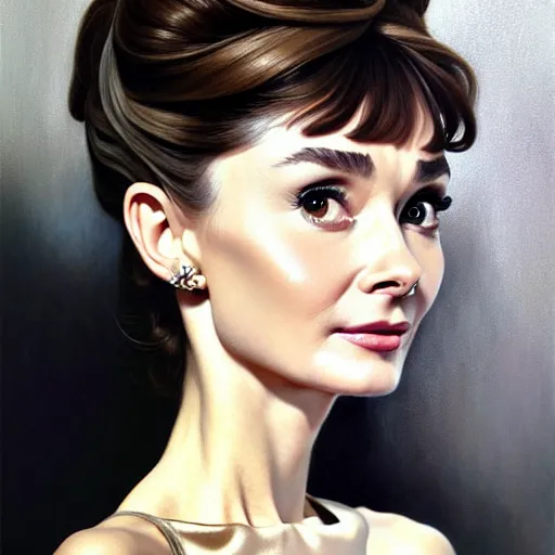 Image similar to audrey hepburn portrait, full of grace, very detailed and realistic oil painting, by artgerm and greg rutkowski and alphonse mucha