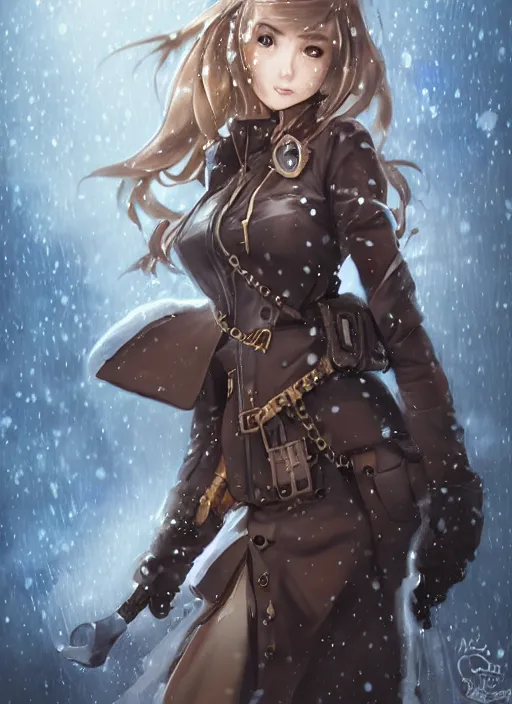 Image similar to girl with steampunk weapons and uniform, serious, finely detailed, made by artgerm, ross tran, full body portrait, illustration, snow, snowing, cloudy, anime, side view, perfect anime face, realistic face, zoomed out, smooth, brown eyes, high waisted shorts